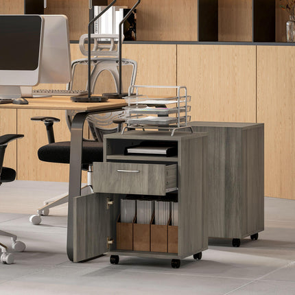 60cm Mobile Filing Cabinet with Drawer, Open Shelf & Wheels - Grey