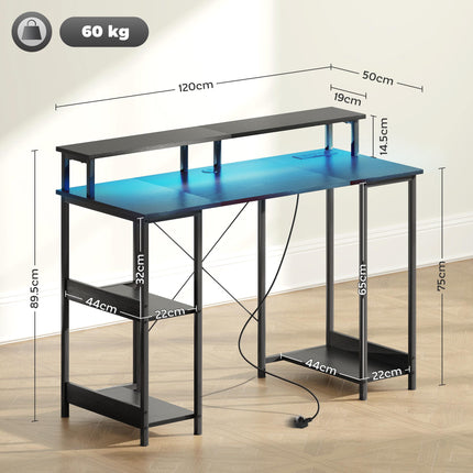 Computer Desk 120x50cm with Power Outlets, LED Lights, Monitor Stand & 2-Tier Shelves - Black