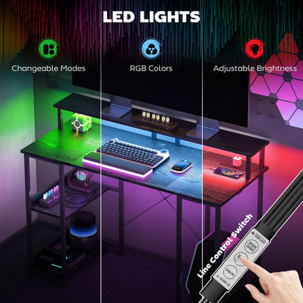 Computer Desk 120x50cm with Power Outlets, LED Lights, Monitor Stand & 2-Tier Shelves - Black