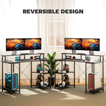 Computer Desk 120x50cm with Power Outlets, LED Lights, Monitor Stand & 2-Tier Shelves - Black