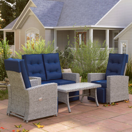 4 Piece Rattan Garden Furniture Set Outdoor Sofa Sectional Set with Glass Top Ta