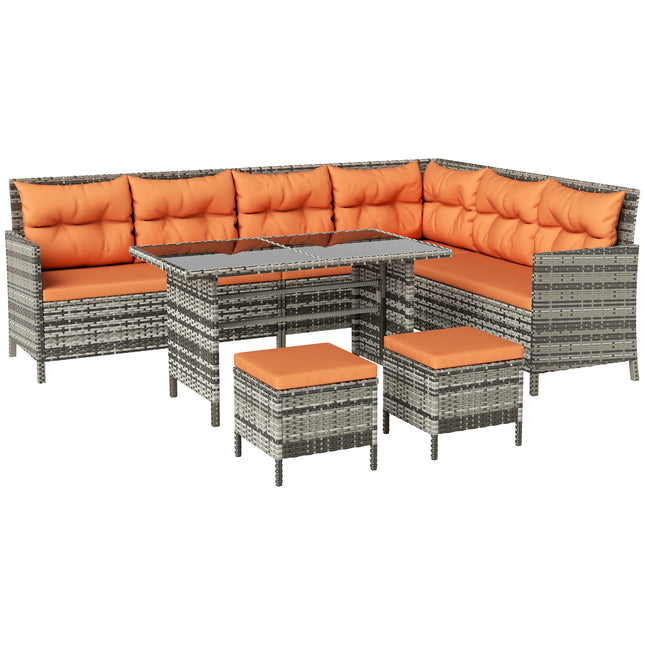 7-Seater Patio Wicker Rattan Sofa Set with Glass Table & Cushions - Orange