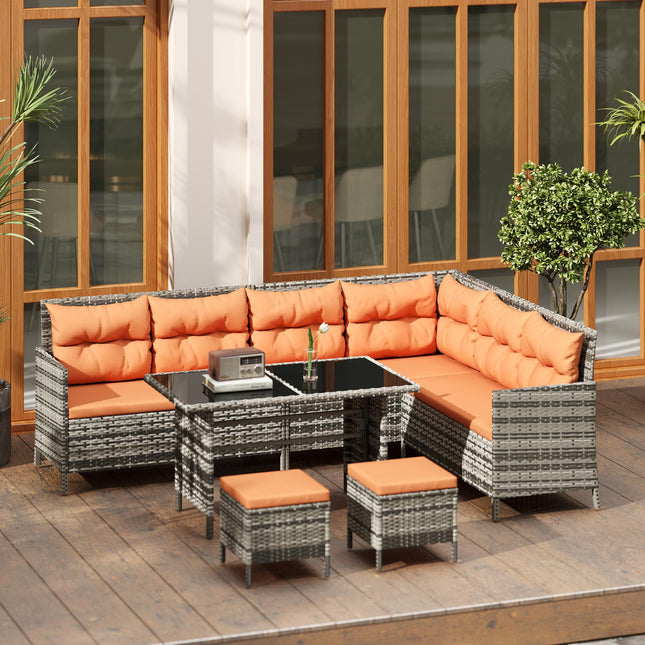 7-Seater Patio Wicker Rattan Sofa Set with Glass Table & Cushions - Orange