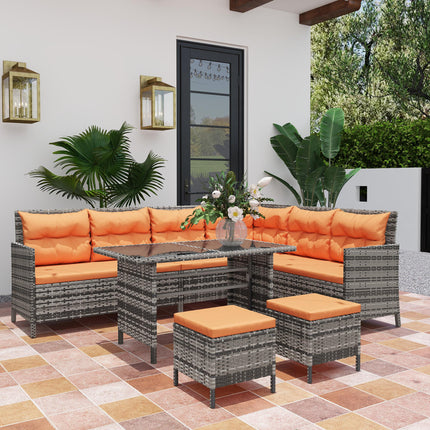 7-Seater Patio Wicker Rattan Sofa Set with Glass Table & Cushions - Orange