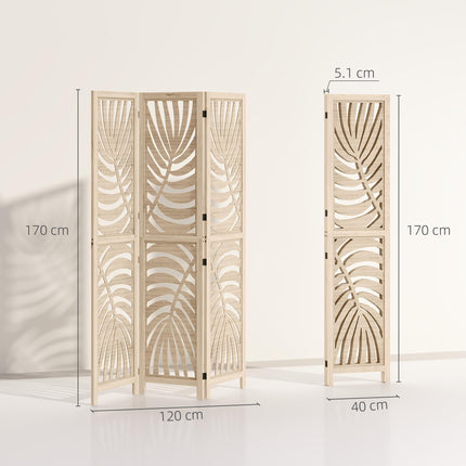3 Panel Room Divider, Detachable Folding Privacy Screens with Palm Leaf Design for Home Office, Natural Wood Finish