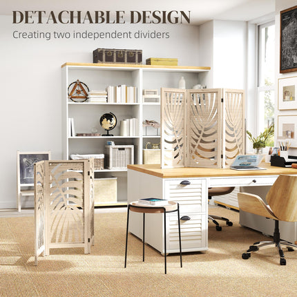 3 Panel Room Divider, Detachable Folding Privacy Screens with Palm Leaf Design for Home Office, Natural Wood Finish
