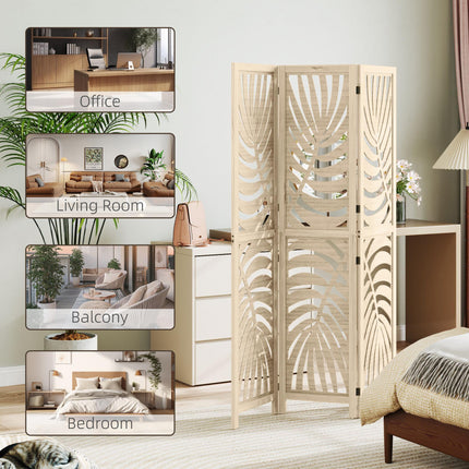 3 Panel Room Divider, Detachable Folding Privacy Screens with Palm Leaf Design for Home Office, Natural Wood Finish
