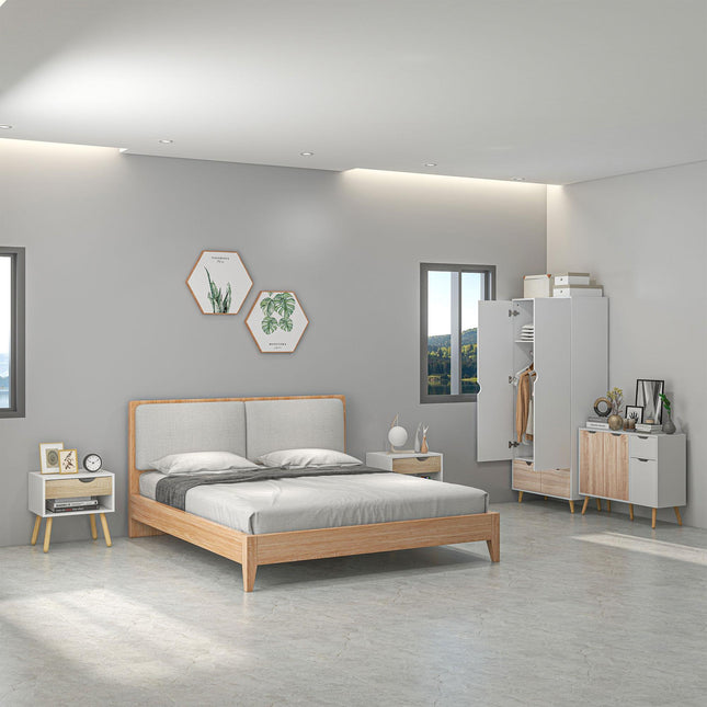 Bedroom Furniture Set, Wardrobe with Hanging Rod, Side Cabinet with Wood Legs, B