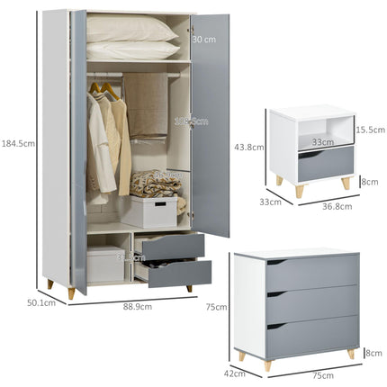 Bedroom Furniture Set, Wardrobe with Hanging Rail, 3 Drawer Chest of Drawers, Be