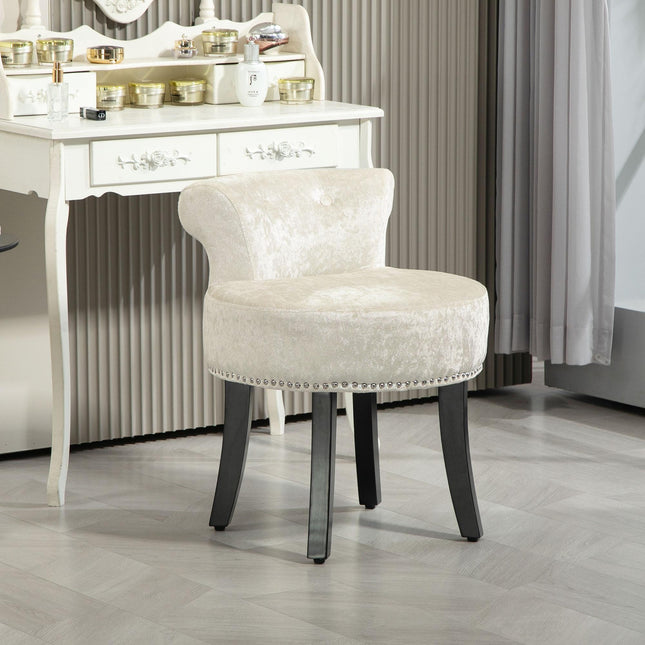 Dressing Table Stool with Rubber Wood Legs and Beige Velvet Upholstery - Beige