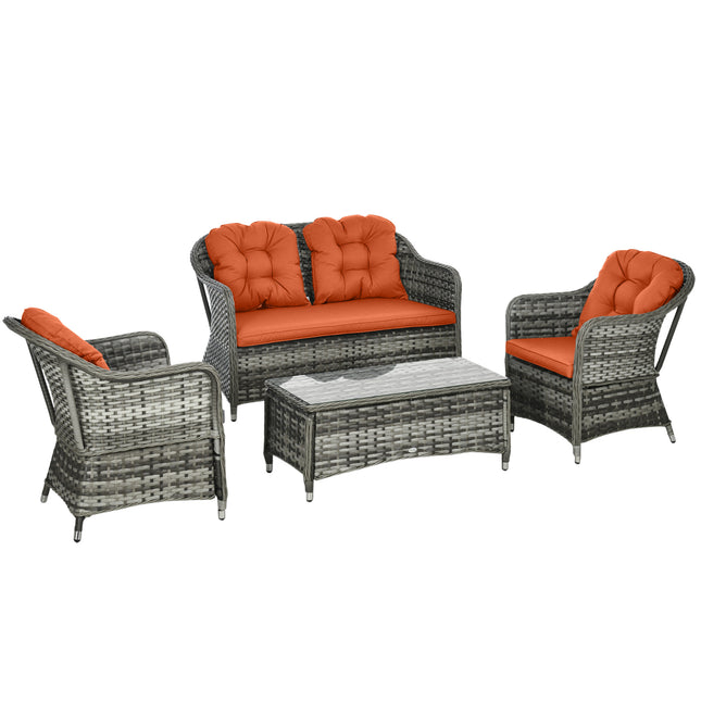 4 Piece Rattan Garden Sofa Set with Glass Top Table - Orange