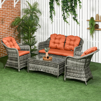 4 Piece Rattan Garden Sofa Set with Glass Top Table - Orange