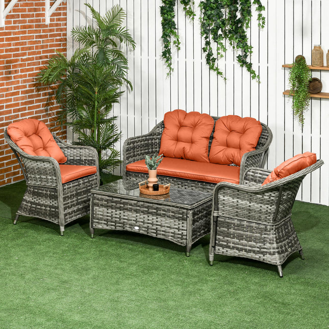 4 Piece Rattan Garden Sofa Set with Glass Top Table - Orange