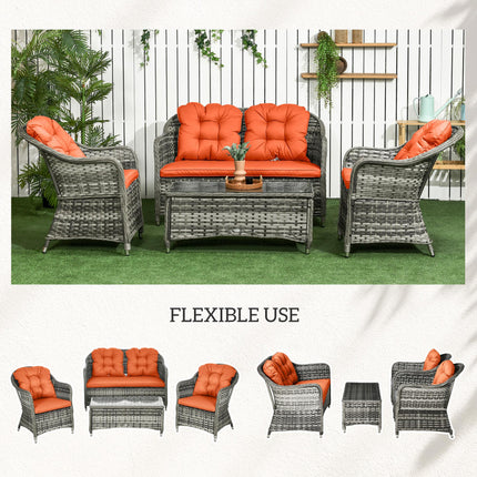 4 Piece Rattan Garden Sofa Set with Glass Top Table - Orange