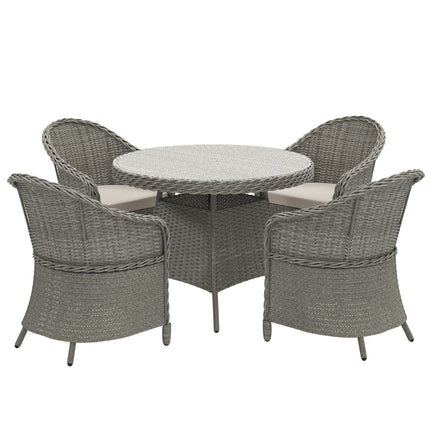4 Seater Round PE Rattan Garden Dining Set with Cushions and Glass-Top Table - Grey
