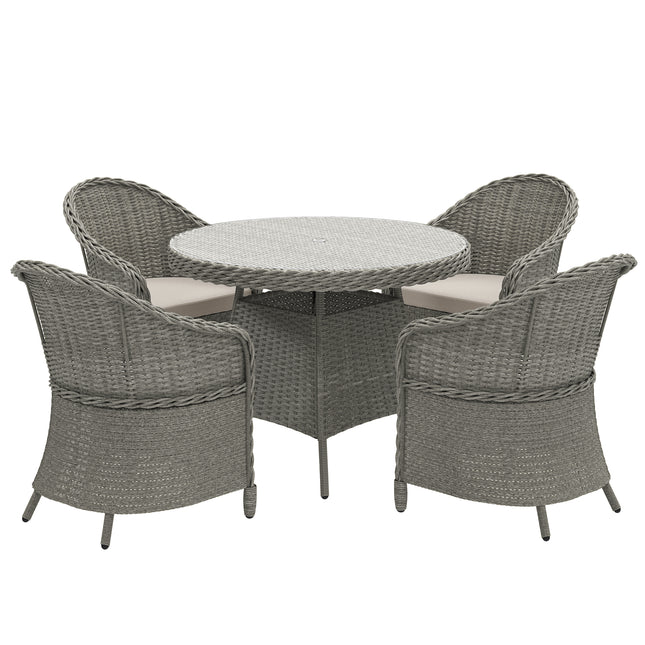 4 Seater Round PE Rattan Garden Dining Set with Cushions and Glass-Top Table - Grey