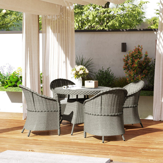 4 Seater Round PE Rattan Garden Dining Set with Cushions and Glass-Top Table - Grey