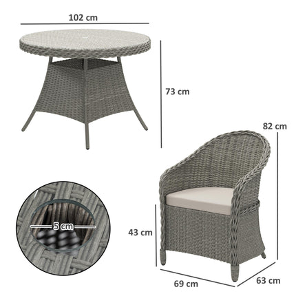 4 Seater Round PE Rattan Garden Dining Set with Cushions and Glass-Top Table - Grey