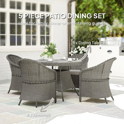 4 Seater Round PE Rattan Garden Dining Set with Cushions and Glass-Top Table - Grey