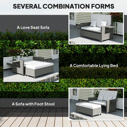 Rattan Day Bed, with Footstool - Light Grey