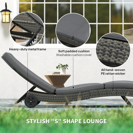 Patio Wicker Chaise Lounge Chair with Adjustable Backrest and Wheels - Dark Grey