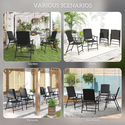Set of 4 Folding Rattan Seat Chairs with Steel Frame - Black