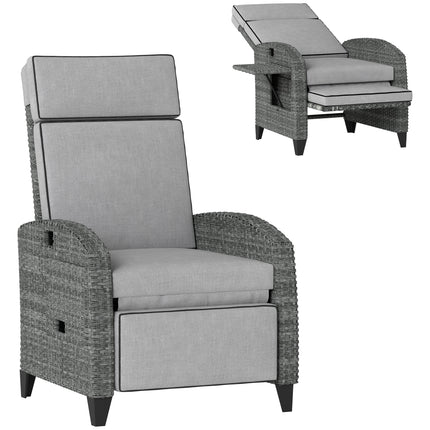 Outdoor Recliner Chair with Adjustable Backrest, Footrest, Cushion & Side Tray - Light Grey