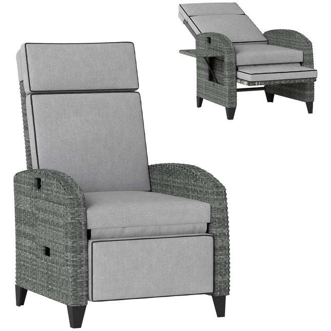 Outdoor Recliner Chair with Adjustable Backrest, Footrest, Cushion & Side Tray - Light Grey