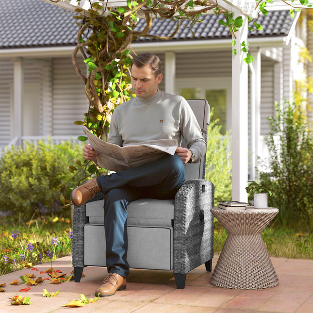 Outdoor Recliner Chair with Adjustable Backrest, Footrest, Cushion & Side Tray - Light Grey
