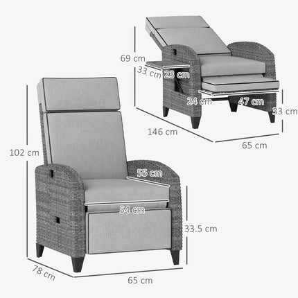 Outdoor Recliner Chair with Adjustable Backrest, Footrest, Cushion & Side Tray - Light Grey