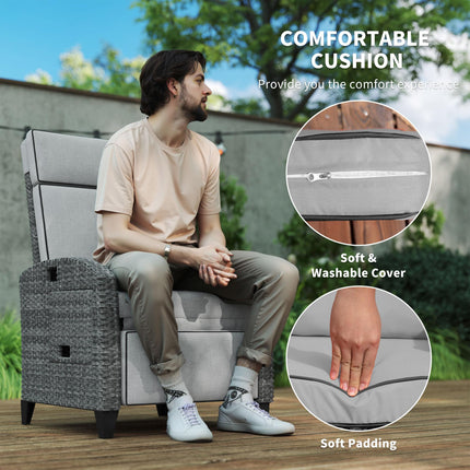Outdoor Recliner Chair with Adjustable Backrest, Footrest, Cushion & Side Tray - Light Grey