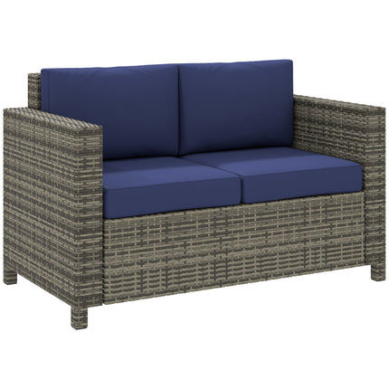 2 Seater Rattan Garden Sofa with Padded Cushions and Armrests - Navy Blue