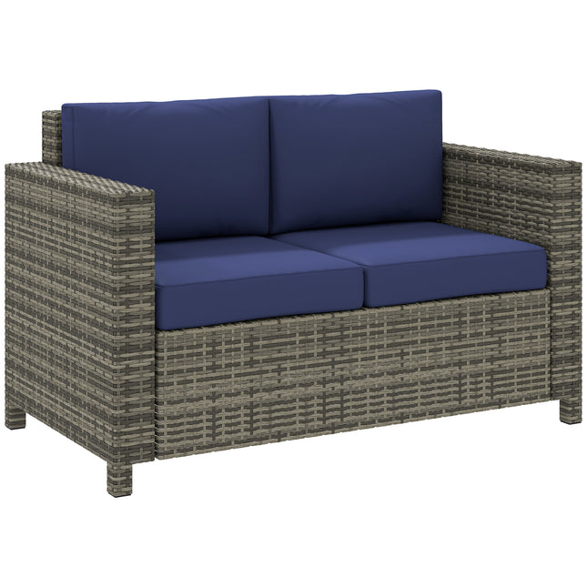 2 Seater Rattan Garden Sofa with Padded Cushions and Armrests - Navy Blue