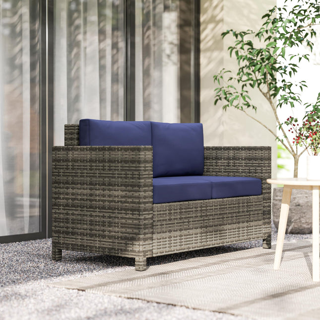 2 Seater Rattan Garden Sofa with Padded Cushions and Armrests - Navy Blue