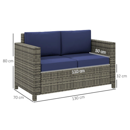 2 Seater Rattan Garden Sofa with Padded Cushions and Armrests - Navy Blue