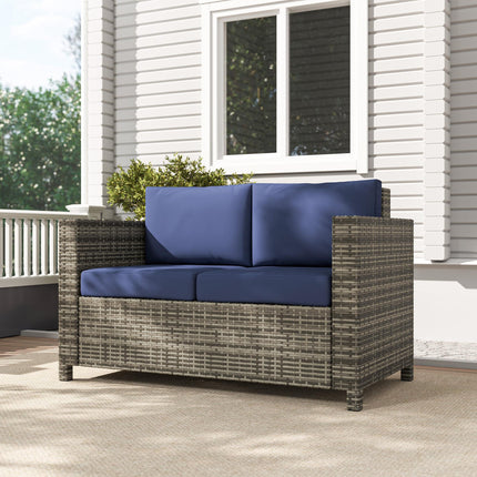 2 Seater Rattan Garden Sofa with Padded Cushions and Armrests - Navy Blue