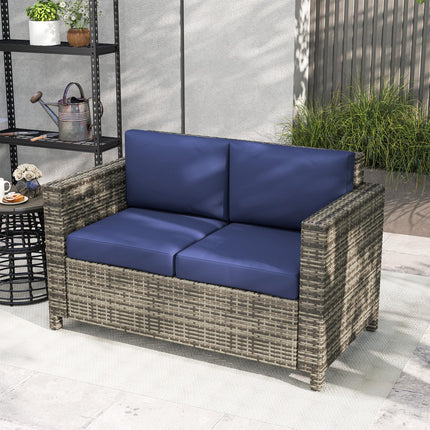 2 Seater Rattan Garden Sofa with Padded Cushions and Armrests - Navy Blue