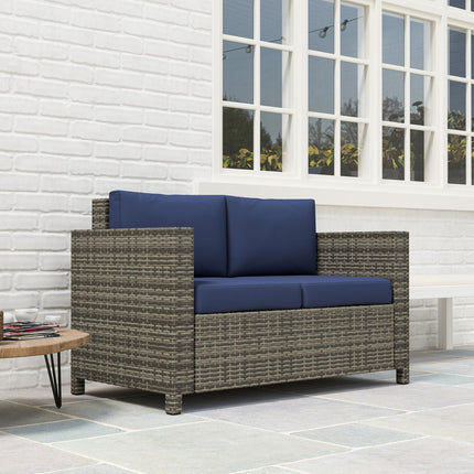 2 Seater Rattan Garden Sofa with Padded Cushions and Armrests - Navy Blue