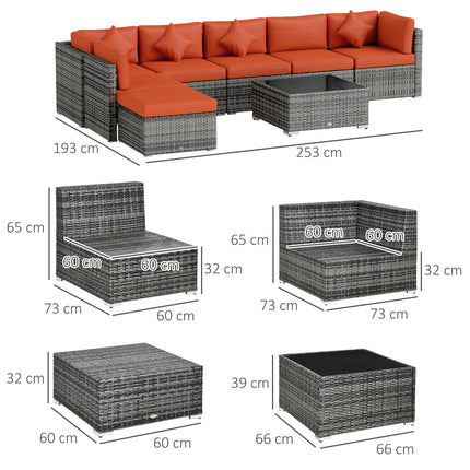 8 Piece Steel Frame Rattan Sofa Set with Cushions - Orange Grey