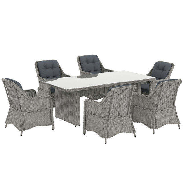 6 Seater PE Rattan Dining Set with Cushions and Glass Table - Grey