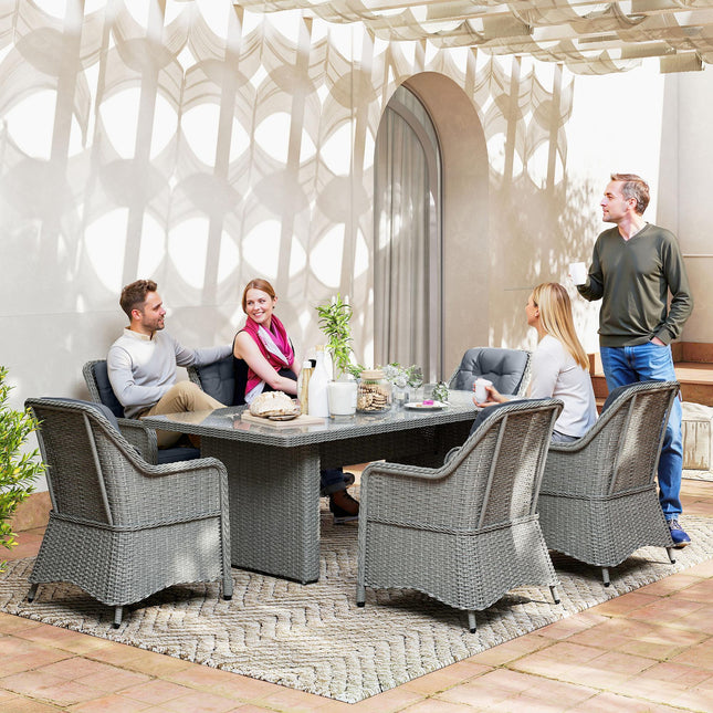 6 Seater PE Rattan Dining Set with Cushions and Glass Table - Grey