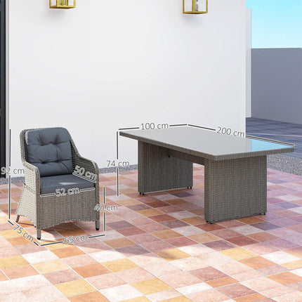 6 Seater PE Rattan Dining Set with Cushions and Glass Table - Grey