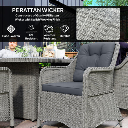 6 Seater PE Rattan Dining Set with Cushions and Glass Table - Grey