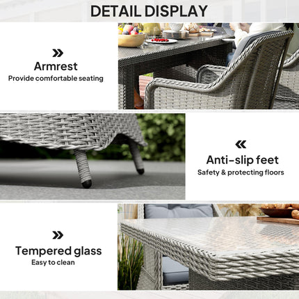 6 Seater PE Rattan Dining Set with Cushions and Glass Table - Grey