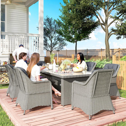 6 Seater PE Rattan Dining Set with Cushions and Glass Table - Grey
