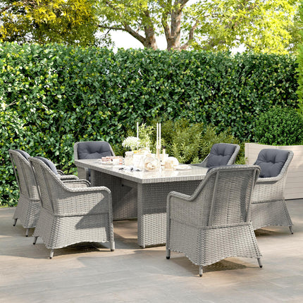 6 Seater PE Rattan Dining Set with Cushions and Glass Table - Grey