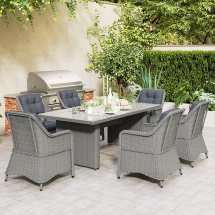6 Seater PE Rattan Dining Set with Cushions and Glass Table - Grey
