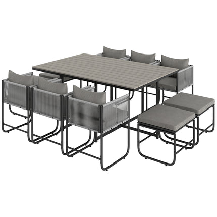 10 Seater Rattan Cube Garden Dining Set with Cushions, 6 Armchairs & 4 Stools, Rectangular Wood Grain Table - Grey