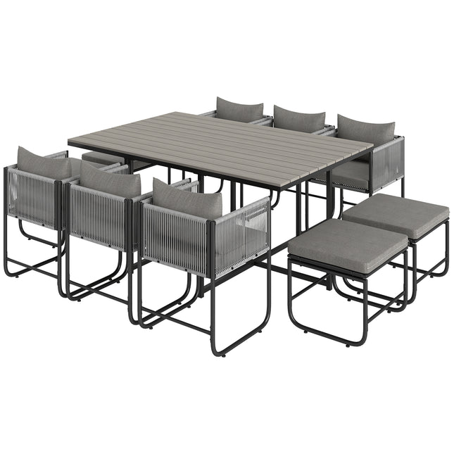 10 Seater Rattan Cube Garden Dining Set with Cushions, 6 Armchairs & 4 Stools, Rectangular Wood Grain Table - Grey