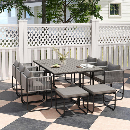 10 Seater Rattan Cube Garden Dining Set with Cushions, 6 Armchairs & 4 Stools, Rectangular Wood Grain Table - Grey